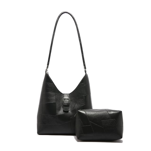 Set: Faux Leather Buckled Tote Bag + Pouch