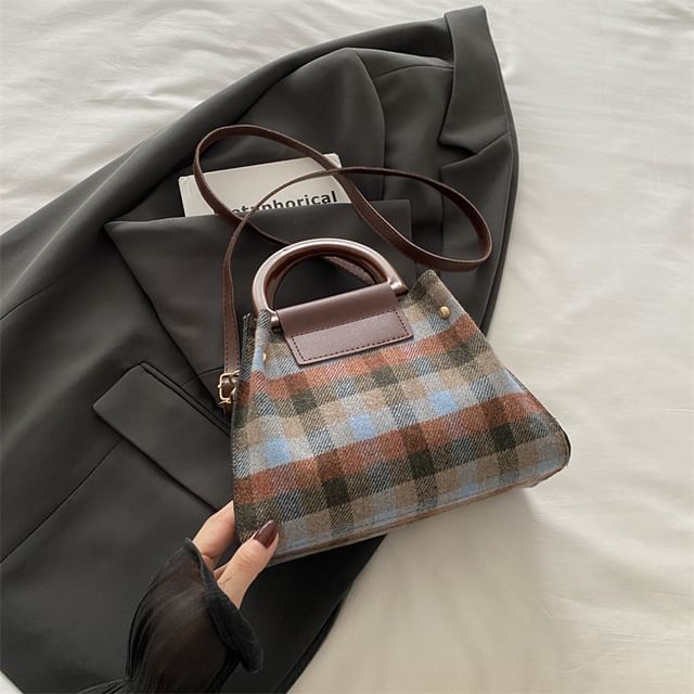 Set: Plaid Shoulder Bag + Plain Faux Leather Pouch