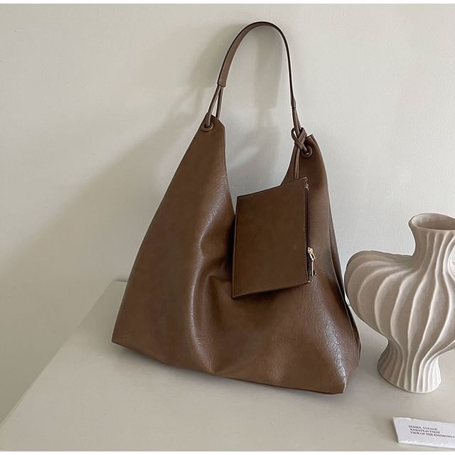 Faux Tote Leather Plain With Bag Pouch