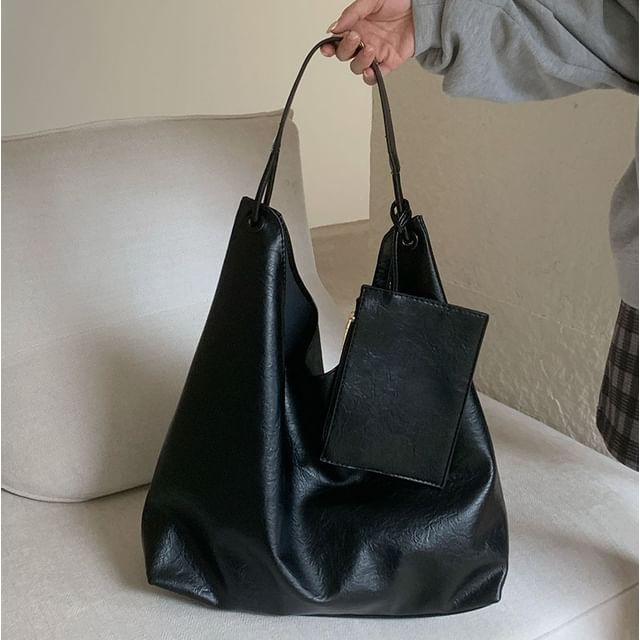 Faux Tote Leather Plain With Bag Pouch