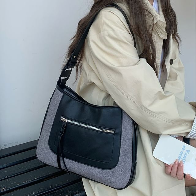 Bag Faux Panel Leather Shoulder Zip