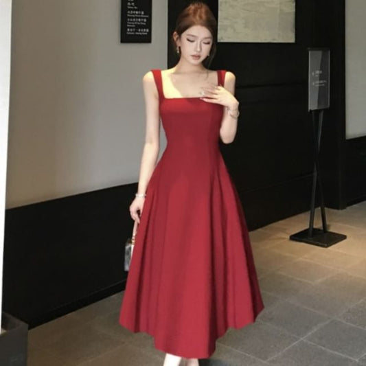 Sleeveless Square Neck Plain A-Line Midi Dress