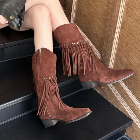 Fringe Block Heel Mid-Calf Boots