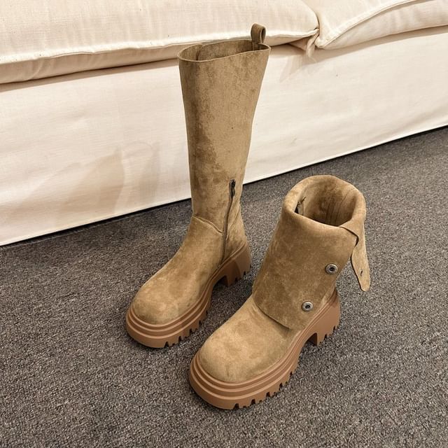 Calf Platform Faux Button Mid Suede Boots