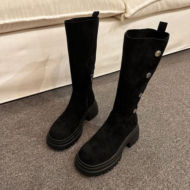Calf Platform Faux Button Mid Suede Boots