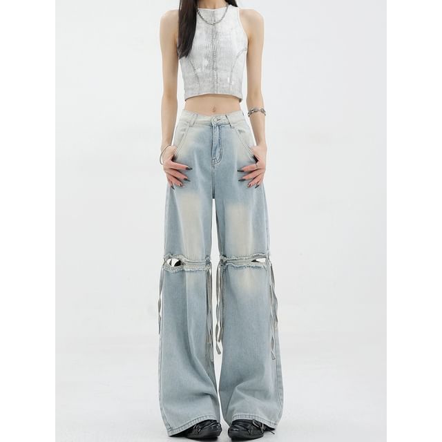 Low Waist Washed Cut-Out Straight-Fit Wide-Leg Jeans