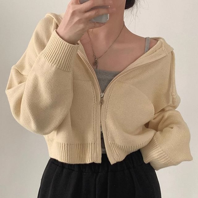 Drop Shoulder Plain Zip Up Cropped Knit Hoodie