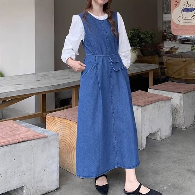 Long-Sleeve Round Neck Plain Blouse / Washed Denim Maxi Dungaree Dress / Crossbody Bag / Set