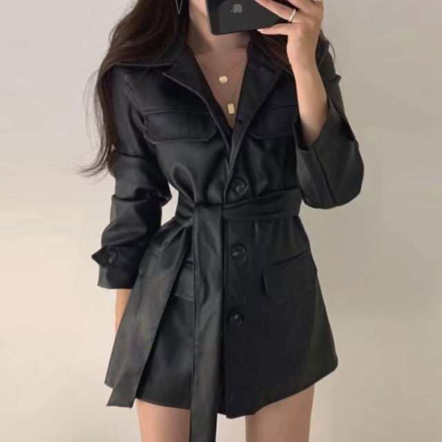 Long Sleeve Collared Plain Faux Leather Button Belted Shirt Dress