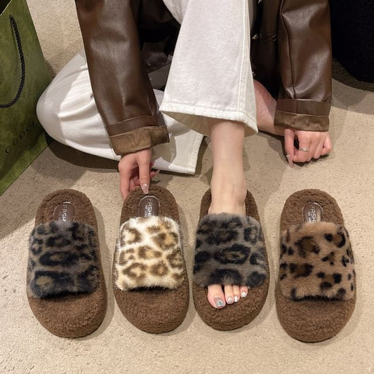 Leopard Print Fleece Slide Sandals