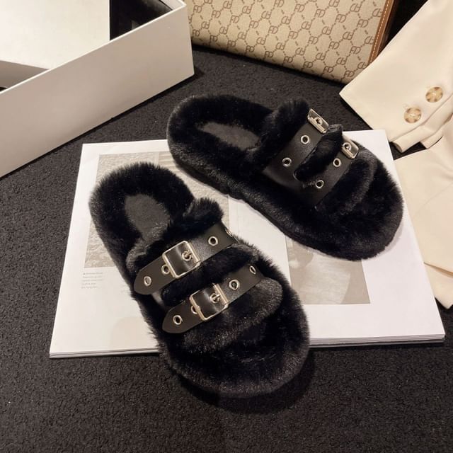 Buckled Fleece Platform Slide Sandals