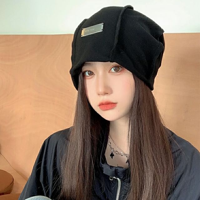 / Plain Knit Panel Beanie Ribbed