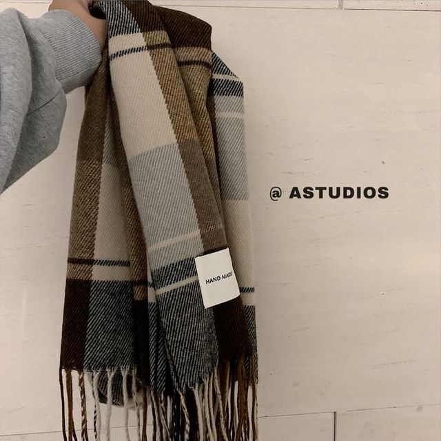 Button Plain Plaid Knit Ribbed Scarf / Snood