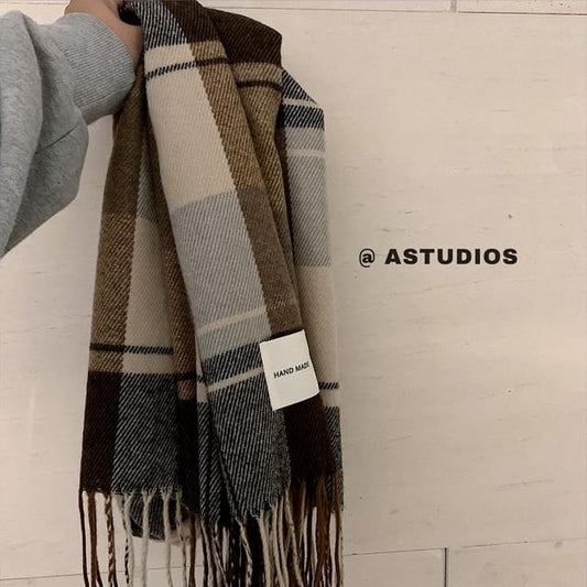 Button Plain Plaid Knit Ribbed Scarf / Snood