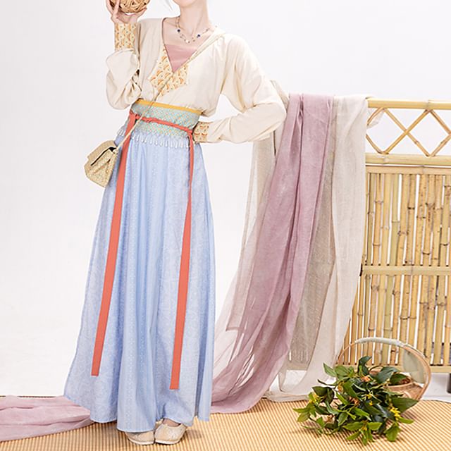 Long-Sleeve Hanfu Wrap Top / Camisole Top / Maxi A-Line Skirt / Set