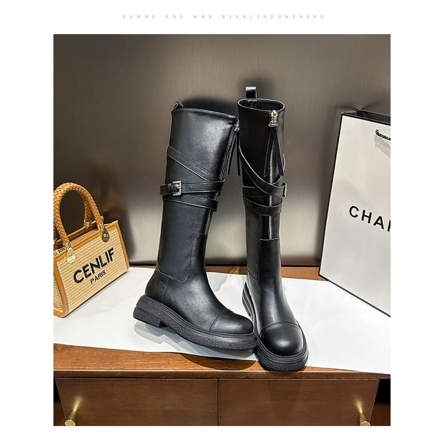 Leather Zip-Up Platform Buckled Plain Faux Boots Tall