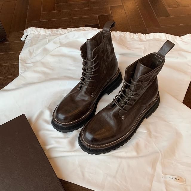 Plain Platform Short Boots Leather Genuine Lace-Up