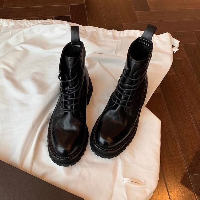 Plain Platform Short Boots Leather Genuine Lace-Up