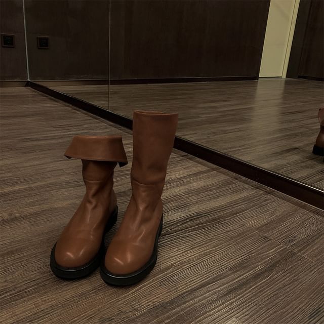 Platform Genuine Mid-Calf Boots Leather Plain