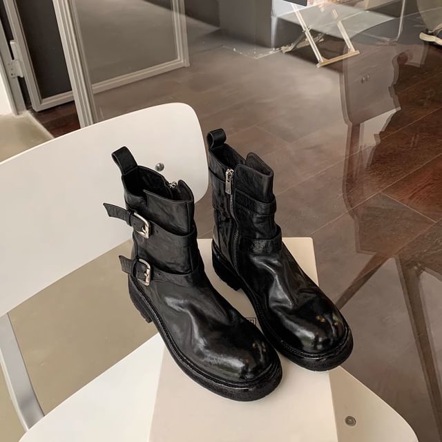 Buckled Genuine Platform Leather Boots Short Plain