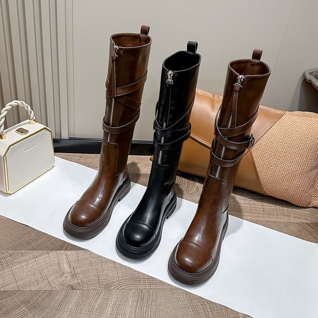 Leather Zip-Up Platform Buckled Plain Faux Boots Tall