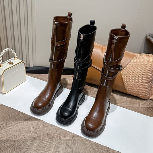 Leather Zip-Up Platform Buckled Plain Faux Boots Tall