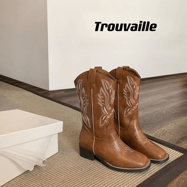 Faux Mid-Calf Chunky Heel Leather Embroidered Cowboy Boots