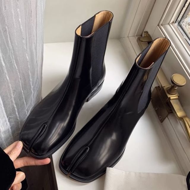 Toe Plain Chunky Short Leather Chelsea Heel Genuine Split Boots