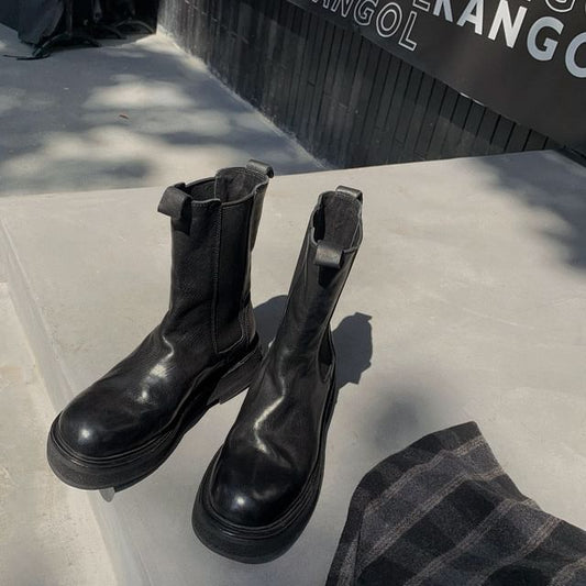 Genuine Platform Boots Chelsea Short Plain Leather