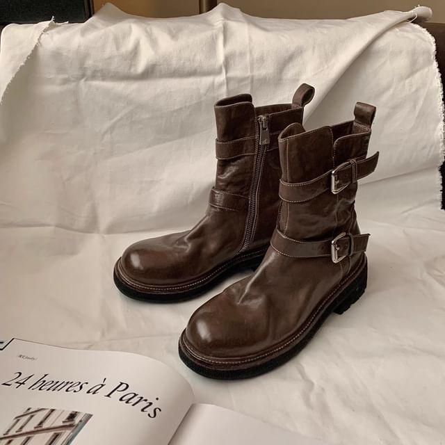Buckled Genuine Platform Leather Boots Short Plain