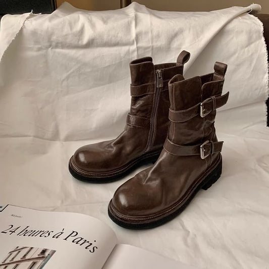 Buckled Genuine Platform Leather Boots Short Plain
