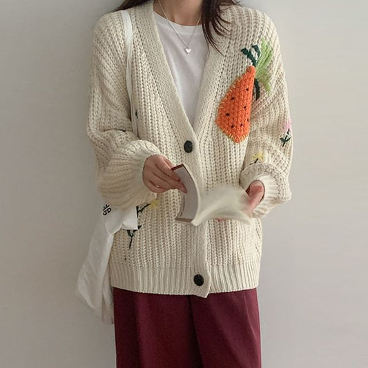 V-Neck Flower Embroidered Chunky Knit Cardigan