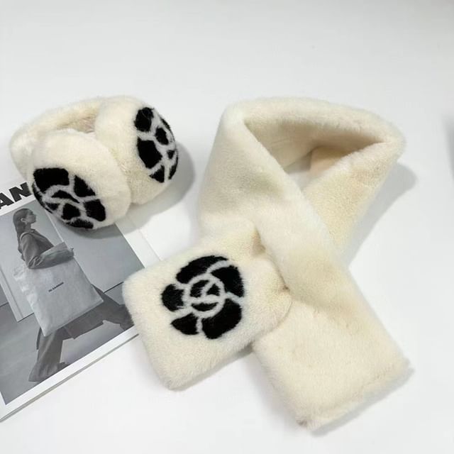 Floral Set Muffs Fluffy Print / Scarf Ear Bow