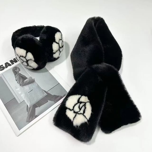 Floral Set Muffs Fluffy Print / Scarf Ear Bow
