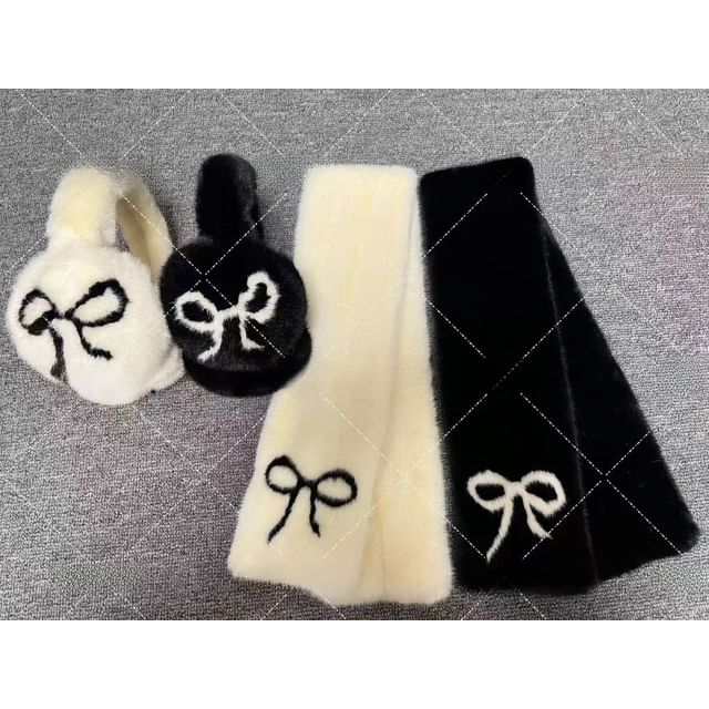 Floral Set Muffs Fluffy Print / Scarf Ear Bow