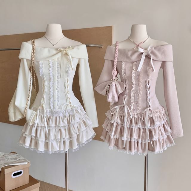 Skirt Ruffle Top Waist Long High Mini Sleeve A-Line Tiered Set: Lace Up Plain Off Shoulder + Bow