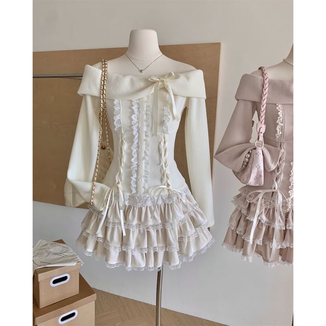 Skirt Ruffle Top Waist Long High Mini Sleeve A-Line Tiered Set: Lace Up Plain Off Shoulder + Bow