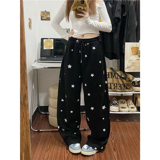 High Rise Star Print Loose-Fit Wide-Leg Sweatpants