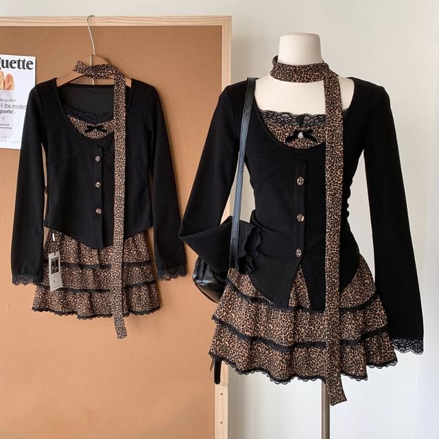 Set: Mini High Skirt + V-Neck Button-Up Top Tiered Waist Plain Print Long-Sleeve Leopard