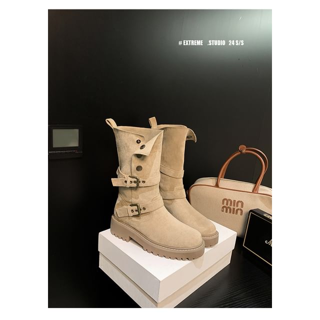 Button Buckled Calf Boots Platform Mid