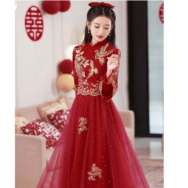 Sleeve Long Embroidered Dress Wedding Cheongsam