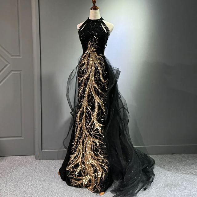 Maxi Halter Sleeveless Gown Evening Embroidered Neck Sequined