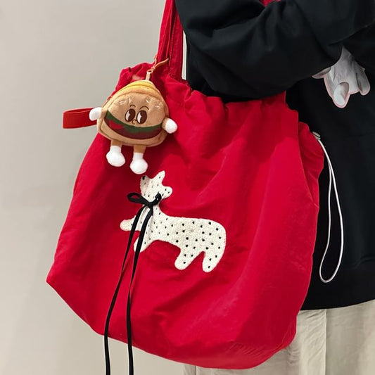 Drawstring Cartoon Applique Canvas Tote Bag