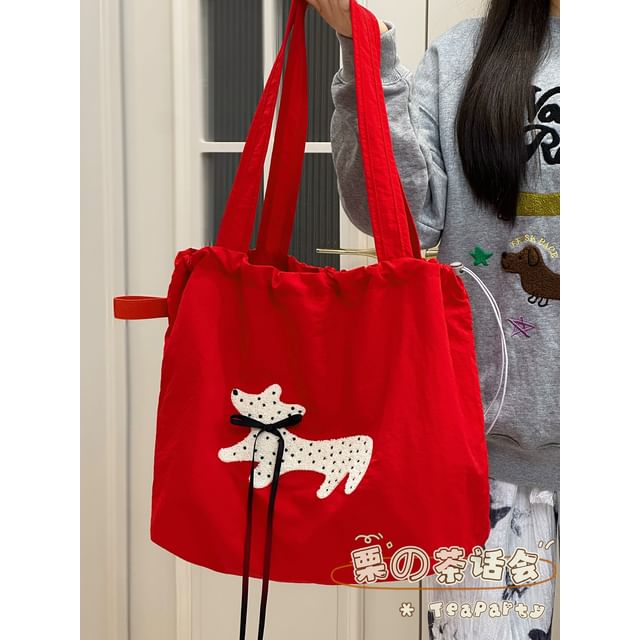 Drawstring Cartoon Applique Canvas Tote Bag