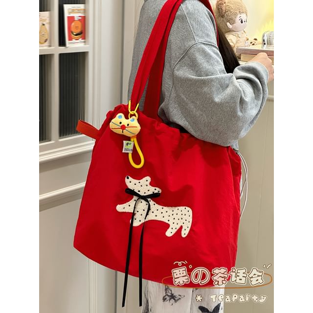 Drawstring Cartoon Applique Canvas Tote Bag