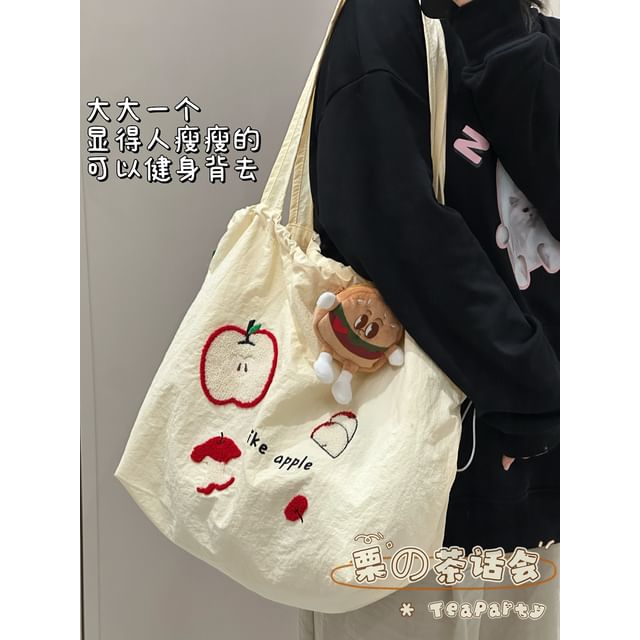 Drawstring Cartoon Applique Canvas Tote Bag