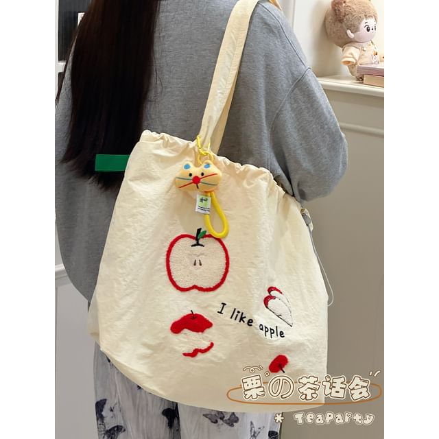 Drawstring Cartoon Applique Canvas Tote Bag