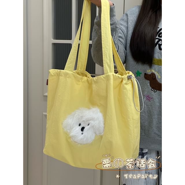 Drawstring Cartoon Applique Canvas Tote Bag