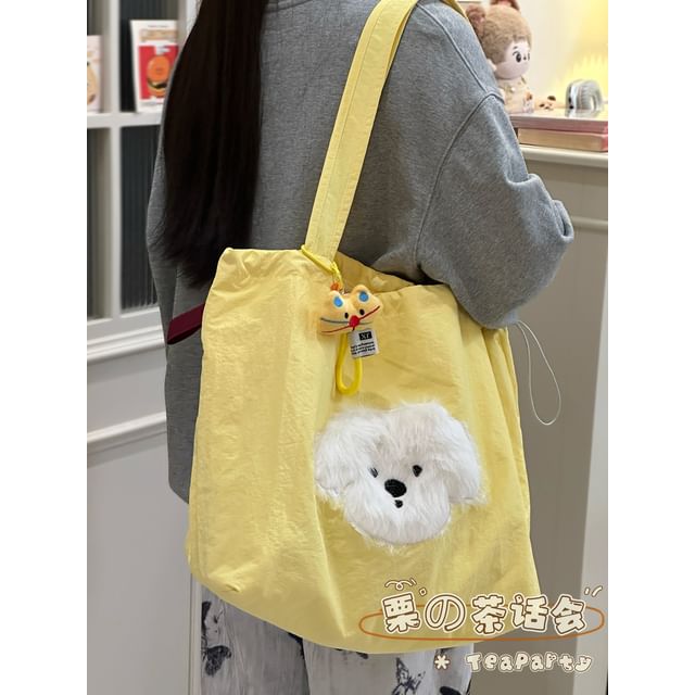 Drawstring Cartoon Applique Canvas Tote Bag