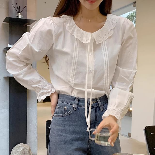 Long Sleeve Collared Plain Ruffle Pintuck Blouse